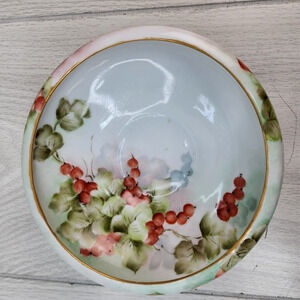 VTG Czech China Serving Bowl 6" Hand Painted Signed Grapes Leaves Gold Trim